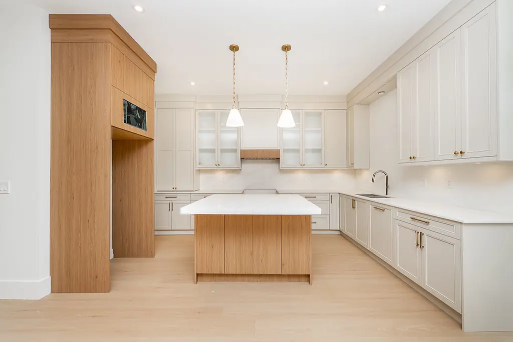 White oak kitchen with island and open shelving